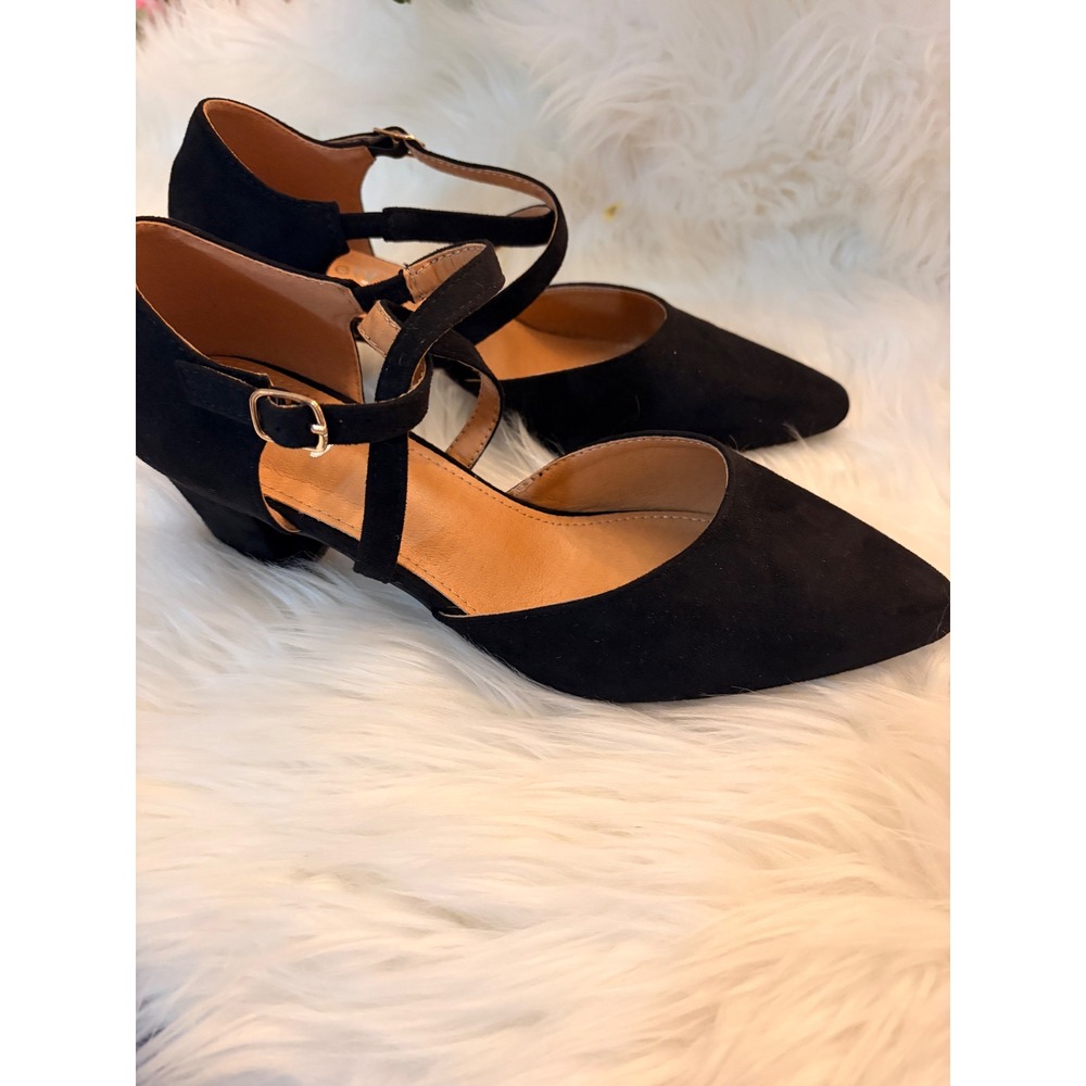 Peijely Pointed Toe Block Heel Pumps Womens 44 Black Faux Suede Strap Shoes